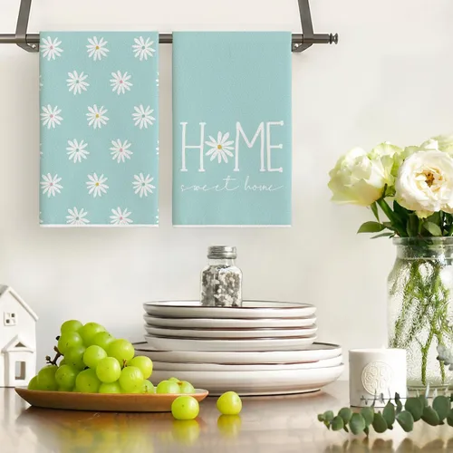 Vista 2 de Artoid Mode Blue Home Sweet Home Flowers - Juego de 2 toallas de cocina, 18 x 26 pulgadas, decoración de verano, juego de 2 toallas de mano