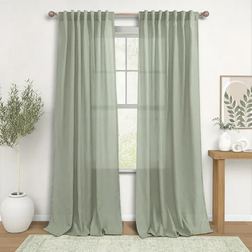 Vista 93 de Cortinas rústicas color beige tostado de 42 x 84 pulgadas de largo para sala de estar, juego de 2 paneles transparentes de lino natural, imitación