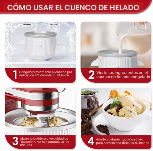 Vista 4 de Accesorio para máquina de helados para batidoras KitchenAid, se adapta a batidoras de pie KitchenAid de 4.5/5QT y 6QT, para hacer helado congelado