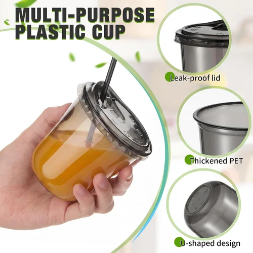 Vista 4 de Ziliny Paquete de 50 vasos de plástico transparente negro de 12 onzas con tapas y popotes, vasos desechables para mascotas, taza de café helado