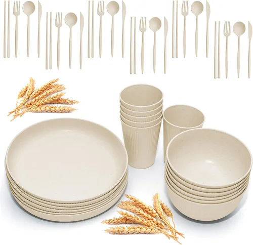 Vista 3 de Juego de vajilla de paja de trigo -DAPIPIK 42 piezas de vajilla irrompible para 6, juego de platos y cuencos para la cocina, juego de platos, tazas
