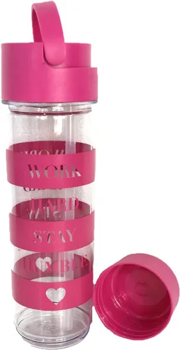 Vista 2 de Work Hard Stay Humble - Botella de agua de viaje sin BPA con soporte de almacenamiento, color rosa