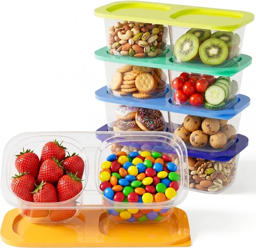 Vista 11 de Paquete de 10 recipientes reutilizables para aperitivos con tapas, 2 compartimentos, caja pequeña de aperitivos Bento, sin BPA, accesorios