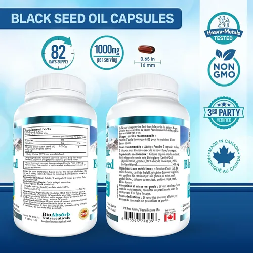 Vista 6 de Bio Absorb - Cápsulas de aceite de semilla negra, 330 cápsulas blandas, suministro para 82 días, prensado en frío Black Cumin Seed Oil