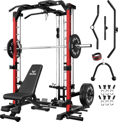 Vista 32 de JELENS SR01 Smith Machine, jaula de potencia multifunción de 2000 libras con sistema de extracción LAT, estante para sentadillas todo en uno
