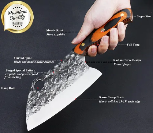 Vista 5 de Kitory Cuchillo de chef serbio, cuchillo de cocina forjado para carnicero, espiga completa, acero de alto carbono, remache de mosaico, mango