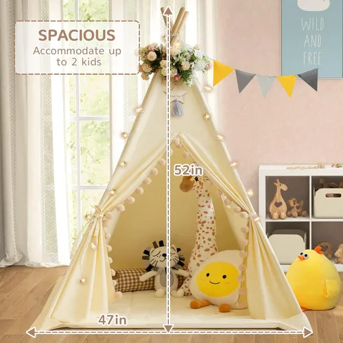 Vista 7 de WIRHAO Tienda de campaña tipi para niños con alfombrilla acolchada, lona de algodón, tipi con pompón para niños pequeños, tienda de campaña