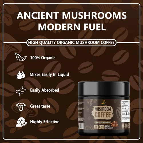 Vista 4 de Café en polvo de hongos 5.29 oz, mezcla de 9 hongos con melena de león, reishi, chaga, cordyceps y más, energía natural y enfoque - vegano, sin OMG