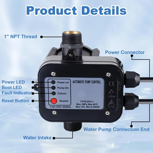 Vista 3 de Controlador inteligente de presión de bomba de agua, interruptor electrónico automático, rango de presión ajustable de 1.5-2.5 bar, fácil