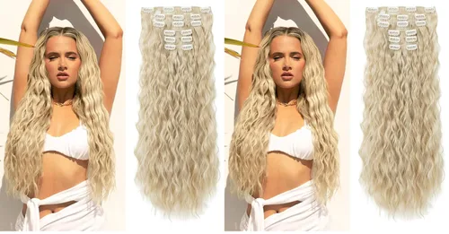 Vista 11 de Extensiones de cabello con clip, 6 unidades, extensiones de cabello largas con ondas de sirena, sintético, postizo para mujer, 24 pulgadas