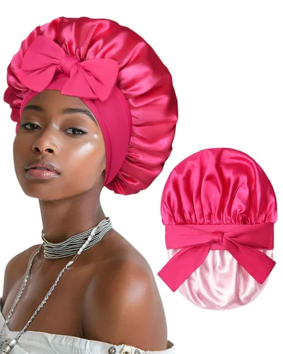 Vista 19 de Gorro de satén para mujeres, gorros de seda para dormir, gorro para cabello rizado con banda elástica con lazo, reversible de doble capa, gorro