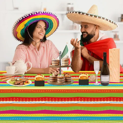 Vista 5 de party greeting Decoración de fiesta mexicana de 1181 x 54 pulgadas, mantel de plástico a rayas mexicanas para fiesta mexicana, suministros de fiesta