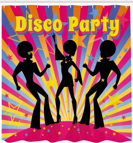 Vista 2 de Ambesonne Cortina de ducha de fiesta de los años 70, siluetas de gente bailarina, pelo afrodisco, impresión de exhibición, tela de tela con ganchos
