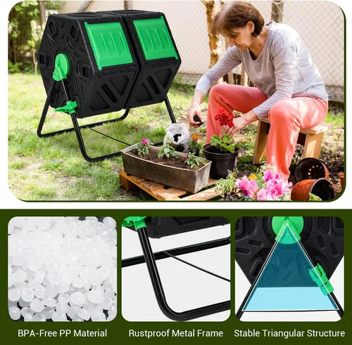 Vista 5 de Goplus Contenedor de compostaje, vaso de compostaje de doble cámara de 34.5 galones con 2 cámaras giratorias, puertas corredizas, compostador
