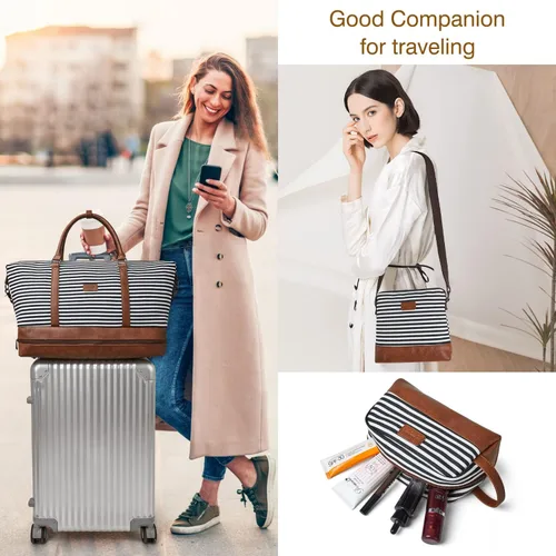 Vista 2 de OPAGE Bolsa de fin de semana para mujer, bolsa de lona con compartimento para zapatos, bolsa de viaje de 3 piezas