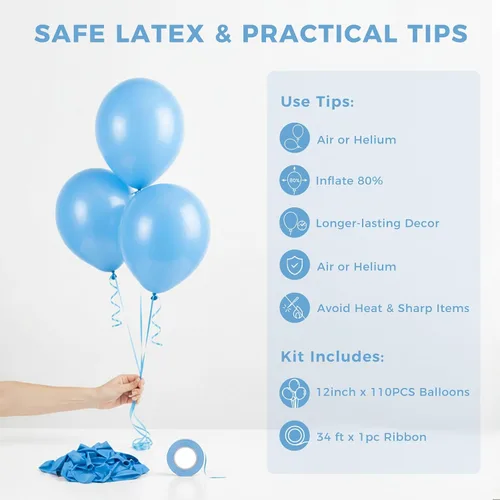 Vista 7 de LovesTown 110 globos de látex de 12 pulgadas con cinta para decoración de cumpleaños, baby shower, boda, fiesta, color azul (paquete de 2)