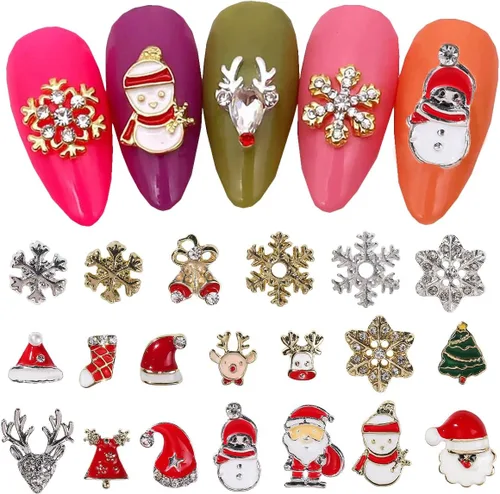 Vista 3 de 20 dijes de uñas de Navidad, copos de nieve 3D, muñeco de nieve, Papá Noel, alce, ciervo, para uñas acrílicas, invierno, Navidad, lindas gemas