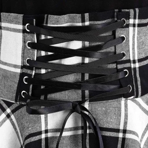 Vista 3 de Womens Summer Dress Dress Tartan Lace O Neck Casual Fashion Print Asymmetrical Up Plaid Mini Women Women's Dress