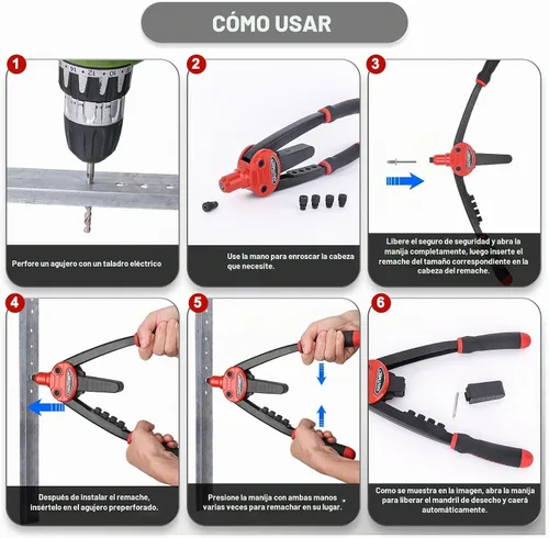 Vista 6 de HAUTMEC Pistola de remaches de 13" con 150 remaches y diseño de rebote automático que ahorra trabajo, herramientas de remachadora manual de alta