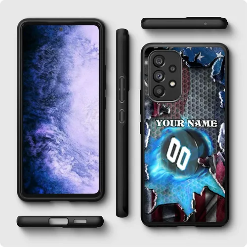 Vista 3 de Personalized Ice Hockey vs Name Number US Flag Decor Rubber Cover Phone Case for Galaxy America Fire