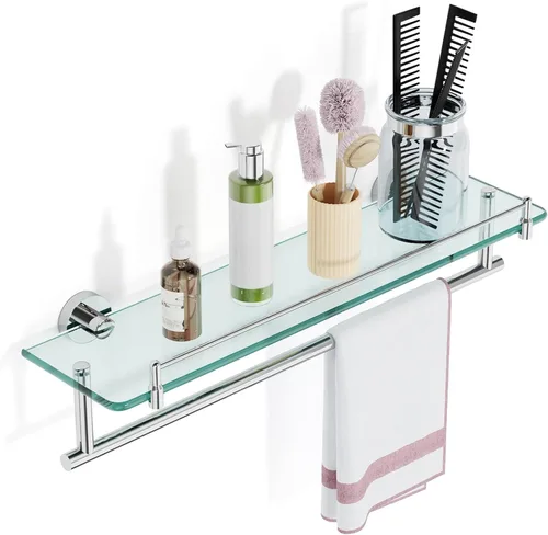 Vista 15 de Toallero con estante de 16 pulgadas, estante de baño con barra de toalla de vidrio templado, dorado cepillado moderno, acero inoxidable a prueba