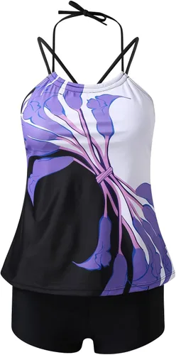 Vista 7 de WPNMASNP Trajes de baño tankini para mujer, traje de baño de dos piezas, estampado floral, cintura alta, volantes, cuello en V, trajes de baño 2024