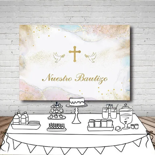 Vista 4 de MEHOFOND Fondo de fotografía de Nuestro Bautizo de 7 x 5 pies para niños y niñas, decoración de fiesta de bautizo mexicano para niños y niñas