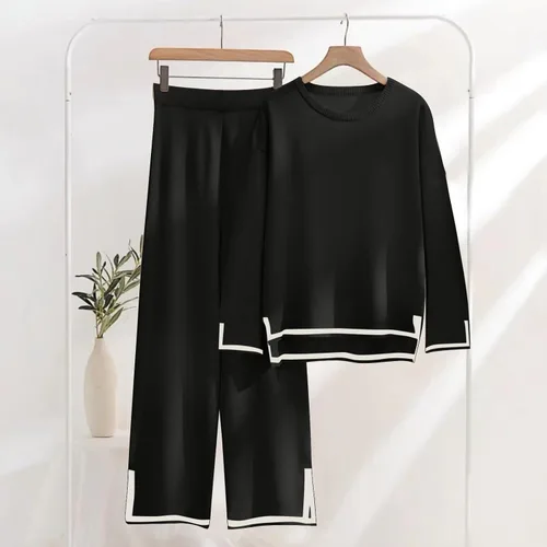 Vista 4 de Conjunto de dos piezas para mujer, conjunto de suéter de punto de otoño de 2 piezas, sudadera de manga corta, pantalones de cintura elástica, S-XL