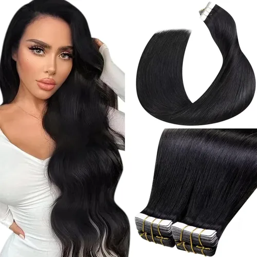 Vista 53 de LaaVoo Extensiones adhesivas de cabello humano real, color negro azabache, extensiones de cabello humano liso y sedoso, 10 pulgadas, 20