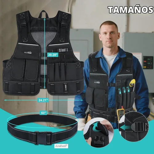 Vista 3 de MELOTOUGH Chaleco de herramientas para hombre con bolsillos y cinturón, chaleco de seguridad ajustable de múltiples bolsillos para electricista