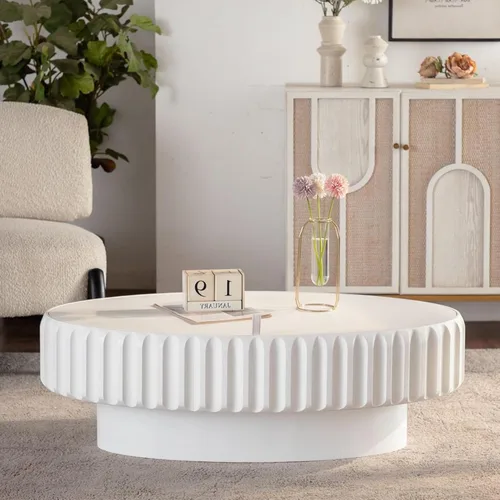Vista 17 de WILLIAMSPACE Mesa de Café Redonda de 35.43" con Tablero de Piedra Sintética, Mesa Central Circular de Madera Moderna de Estilo Granja para la Sala