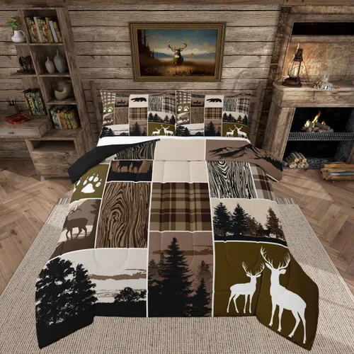 Vista 34 de Juego de edredón de cabaña rústica navideña, juego de ropa de cama estilo rústico con diseño de osos y ciervos, tamaño completo, patchwork Multi 08