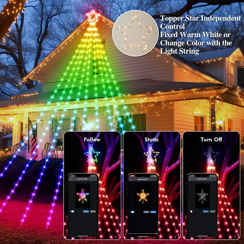 Vista 7 de FANCILLUMA Luces de Cadena de Estrella para Decoraciones de Navidad de Exterior de 11.8 pies, Control Remoto de Aplicación Inteligente RGB que