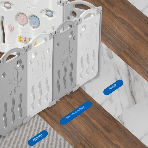 Vista 8 de Albott Corralito para bebés, valla plegable mejorada de 14 paneles con panel de juego y puerta de seguridad, forma ajustable, patios de juegos Gris