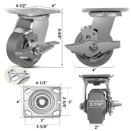 Vista 2 de Ruedas giratorias resistentes de 4 pulgadas, rueda de goma industrial, ruedas giratorias con freno, paquete de 1 con capacidad de hasta 600 libras