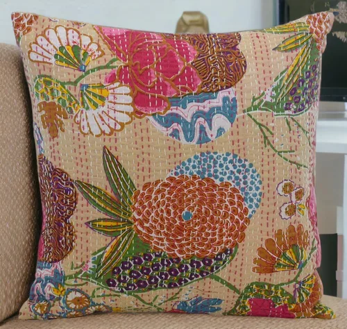 Vista 7 de Funda decorativa chic bohemia hippie para sofá, funda de almohada hecha a mano con frutas Kantha, de algodón, fundas de almohada bohemias