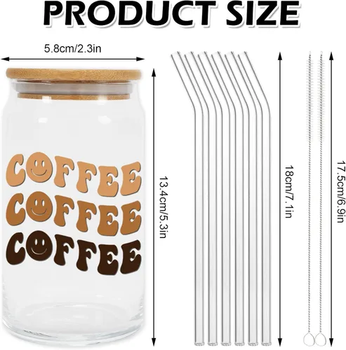 Vista 2 de Whaline Paquete de 6 vasos bohemios de 16 onzas con diseño de arco iris, sol, corazón, flores, taza retro Groovy Ice Coffee Cup con tapa de bambú