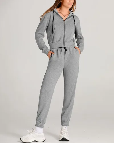 Vista 7 de Amkoyam Conjunto de dos piezas para mujer, de manga larga, con cremallera, sudadera con capucha y pantalones largos