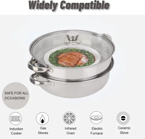 Vista 4 de Olla de vapor de 2 capas, olla doble caldera, olla de cocina de acero inoxidable con tapa de vidrio templado y asas dobles, funciona con horno