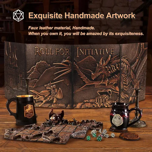 Vista 7 de DND DM Screen 5e, Pantalla de Dungeon Master de D&D 3D de Cuero Sintético de 4 Paneles Game Master Screen con Inserciones Personalizables