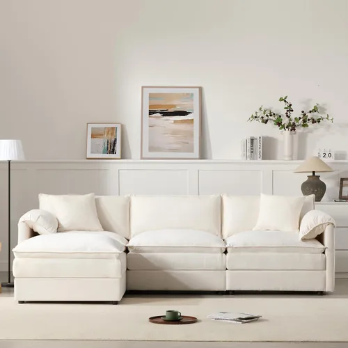 Vista 8 de Sofá modular modular en forma de L de 103.5 pulgadas para sala de estar, cómodos sofás de felpilla de 4 plazas con otomana móvil (crema)