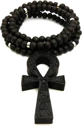 Vista 2 de Collar de cuentas de madera de 0.315in de 0.315in de 35.8in con diseño de llave de vida de Egipto, color negro, marrón