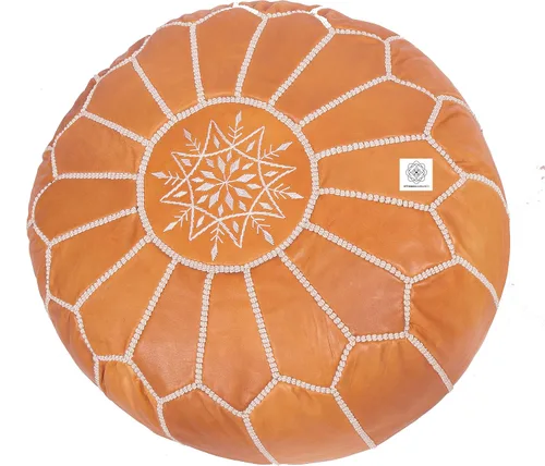 Vista 3 de Puf redondo de cuero genuino sin relleno Reposapiés otomano marroquí, funda para reposapiés, súper suave hecho a mano otomano sintético viene