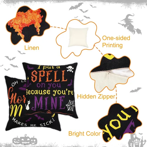 Vista 4 de 4 fundas de almohada de Halloween de Hocus Pocus, 18 x 18: Sanderson Sisters para decoración del hogar, fundas de cojín decorativas para sofá