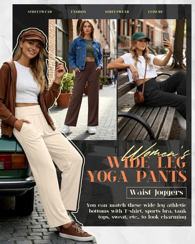 Vista 25 de Neer - Conjunto de 3 pantalones de yoga de pierna ancha para mujer - Pantalones deportivos cómodos, holgados, de cintura alta y casuales