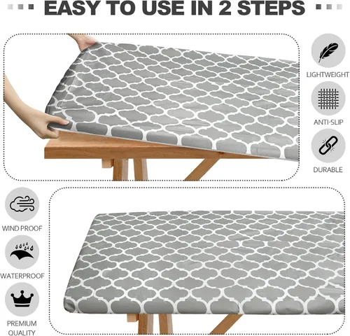 Vista 4 de Senneny Juego de 3 fundas para mesa de picnic ajustables con funda de banco y bolsa con cordón, mantel de vinilo 100% impermeable con respaldo