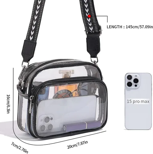 Vista 4 de Bolso transparente aprobado por el estadio, bolso cruzado transparente para mujer para conciertos, deportes y festivales (negro)
