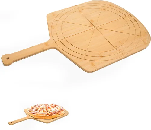 Vista 11 de Pizarra de madera de 12 pulgadas con tamaños grabados, tabla de cortar de pizza de bambú multiusos, cáscara de pizza de madera, espátula de pizza