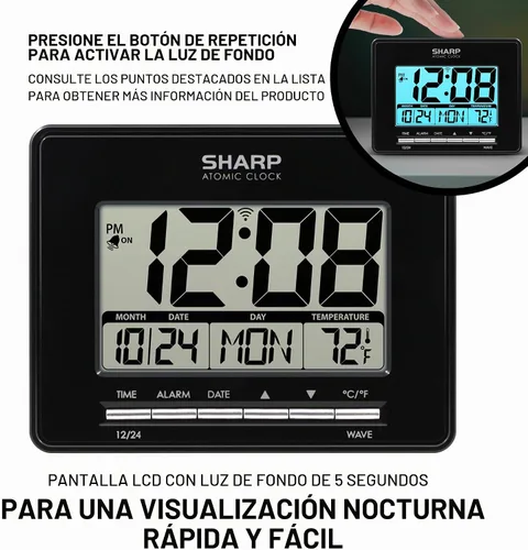 Vista 3 de Reloj de Escritorio Atómico Sharp – Reloj Despertador Digital de Ajuste Automático - Precisión Atómica - Pantalla Fácil de Leer con Visualización