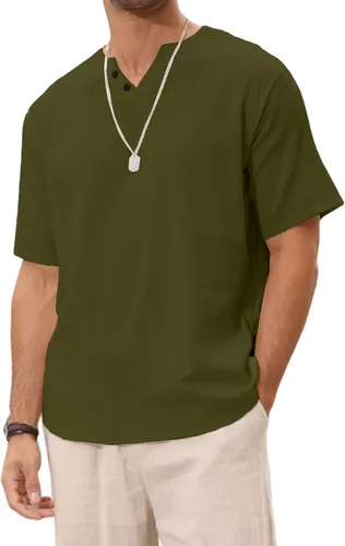 Vista 5 de Angbater Camiseta casual de lino Henley de manga corta para hombre, camiseta hippie de playa, camiseta ligera tropical para verano